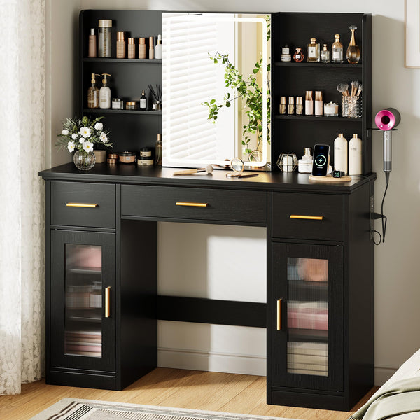 Vanity Desk with LED Mirror & Sliding Mirror