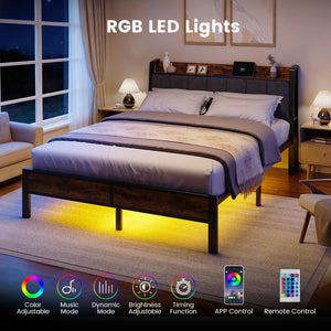 Queen Platform Bed Frame with LED Lights & USB Charging