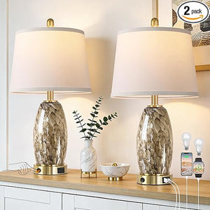 Coastal Glass Table Lamp Set of 2 – 7 Lighting Modes, USB Charging, LED Bulbs Included