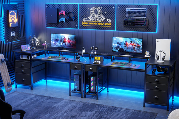 60-Inch Computer Desk with LED Lights, USB Charging, File Cabinet & Monitor Stand