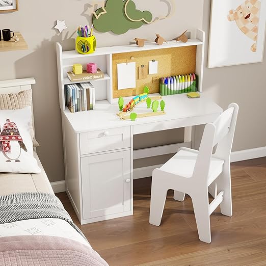 Kids Study Desk and Chair Set with Hutch and Storage