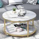 Round Coffee Table with Open Shelf, 33.5" Faux Marble Top, Gold Metal Legs