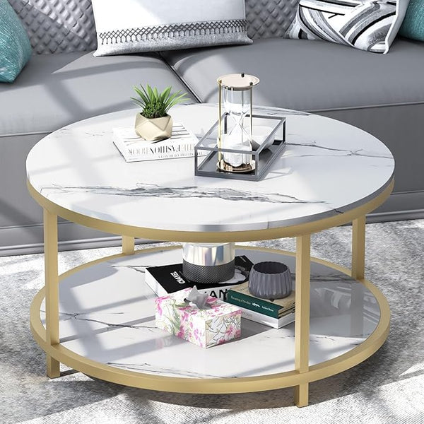 Round Coffee Table with Open Shelf, 33.5" Faux Marble Top, Gold Metal Legs