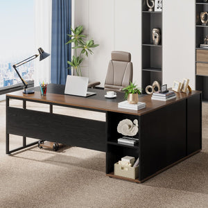 Tribesigns 71 inch Executive Desk, L Shaped Desk with Cabinet Storage, Executive Office Table with Shelves, Business Furniture Set Workstation for Home Office, Gray