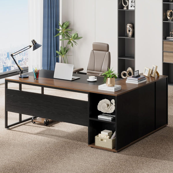 Tribesigns 71 inch Executive Desk, L Shaped Desk with Cabinet Storage, Executive Office Table with Shelves, Business Furniture Set Workstation for Home Office, Gray