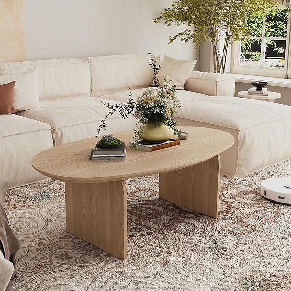 Oval Coffee Table – Natural Wood, Modern Living Room Center Table