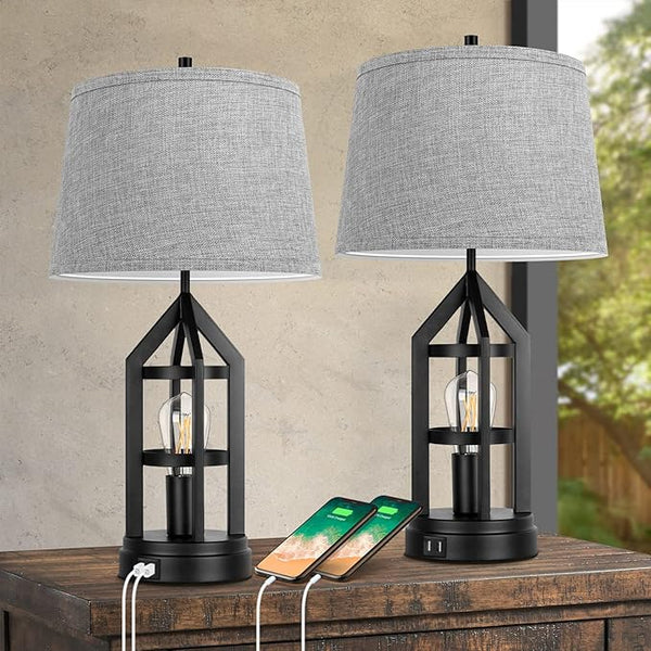 26in Tall Glass Table Lamps Set of 2 with USB Ports & LED Nightlight