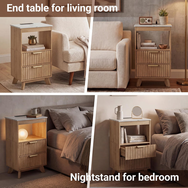 Fluted Nightstand with Charging Station & 2 Drawers
