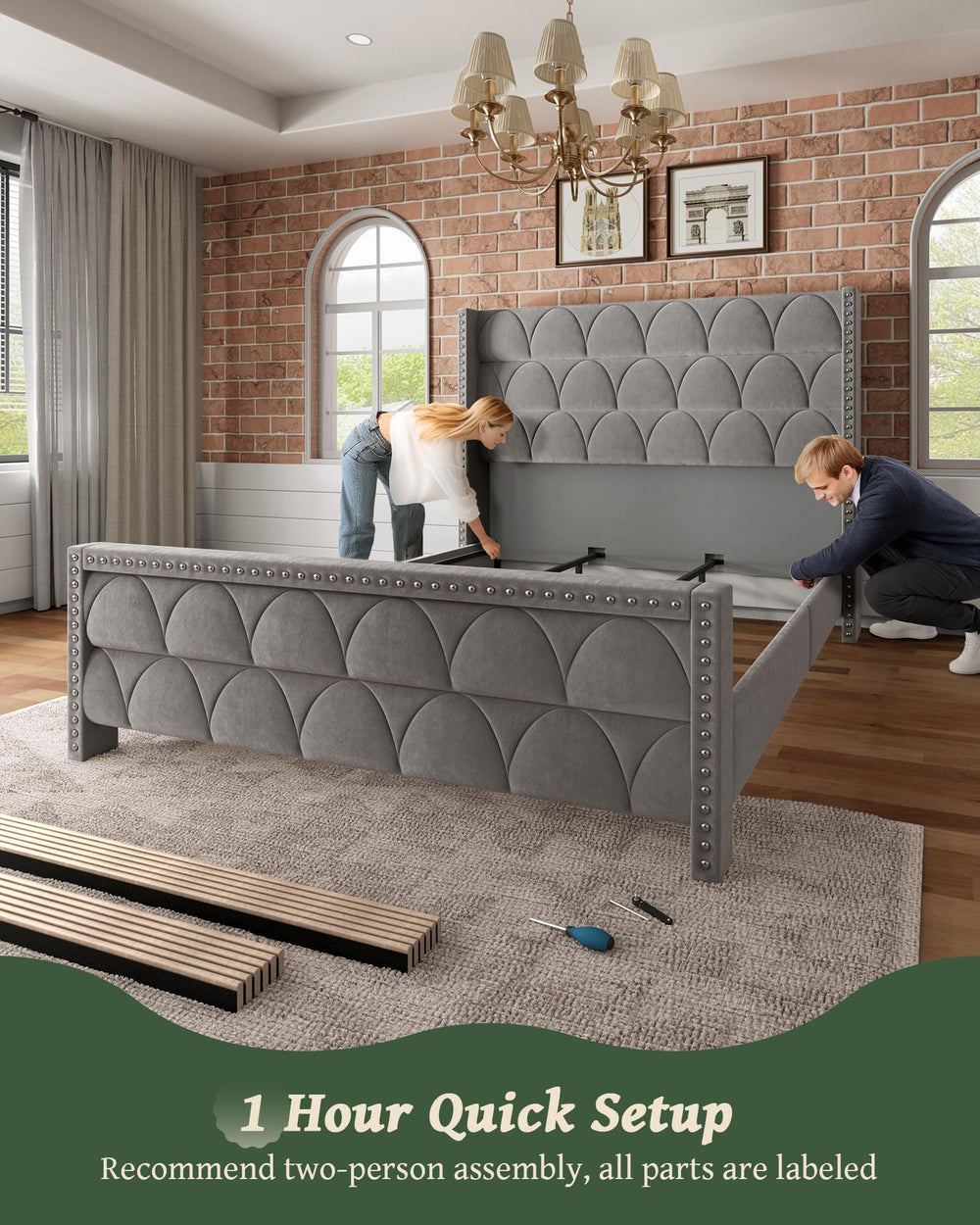 Velvet Wingback Platform Bed Frame with 56" Headboard