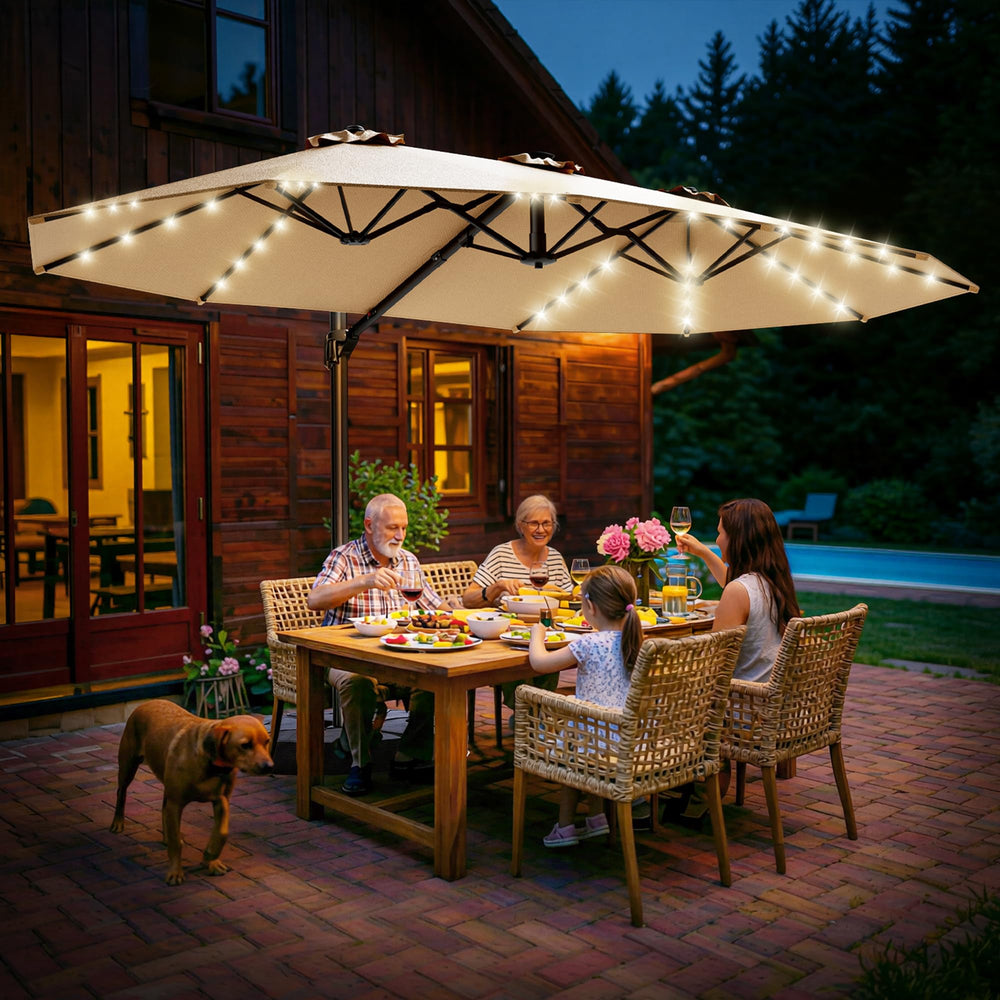 15FT Rectangular Cantilever Patio Umbrella with Solar LED Lights & Weighted Base