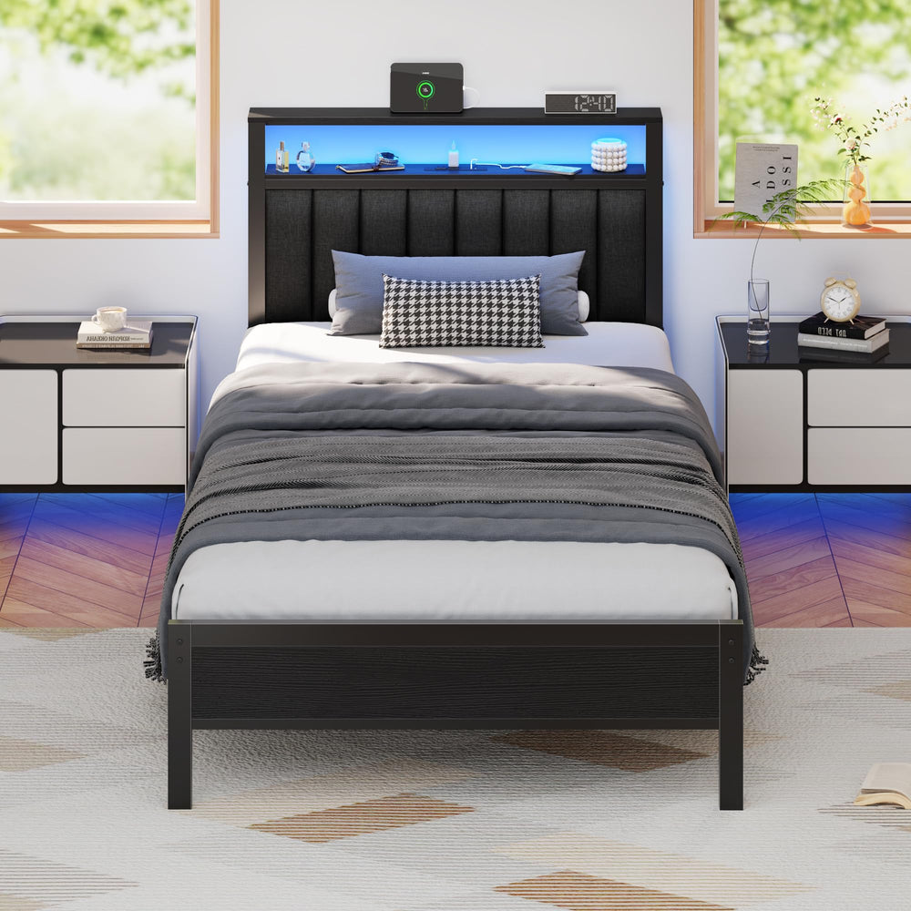 LED Bed Frame with Charging Station & Storage Headboard