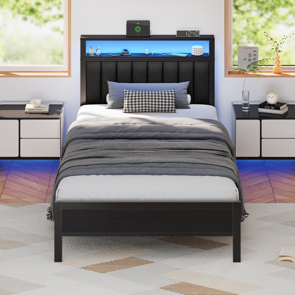LED Bed Frame with Charging Station & Storage Headboard