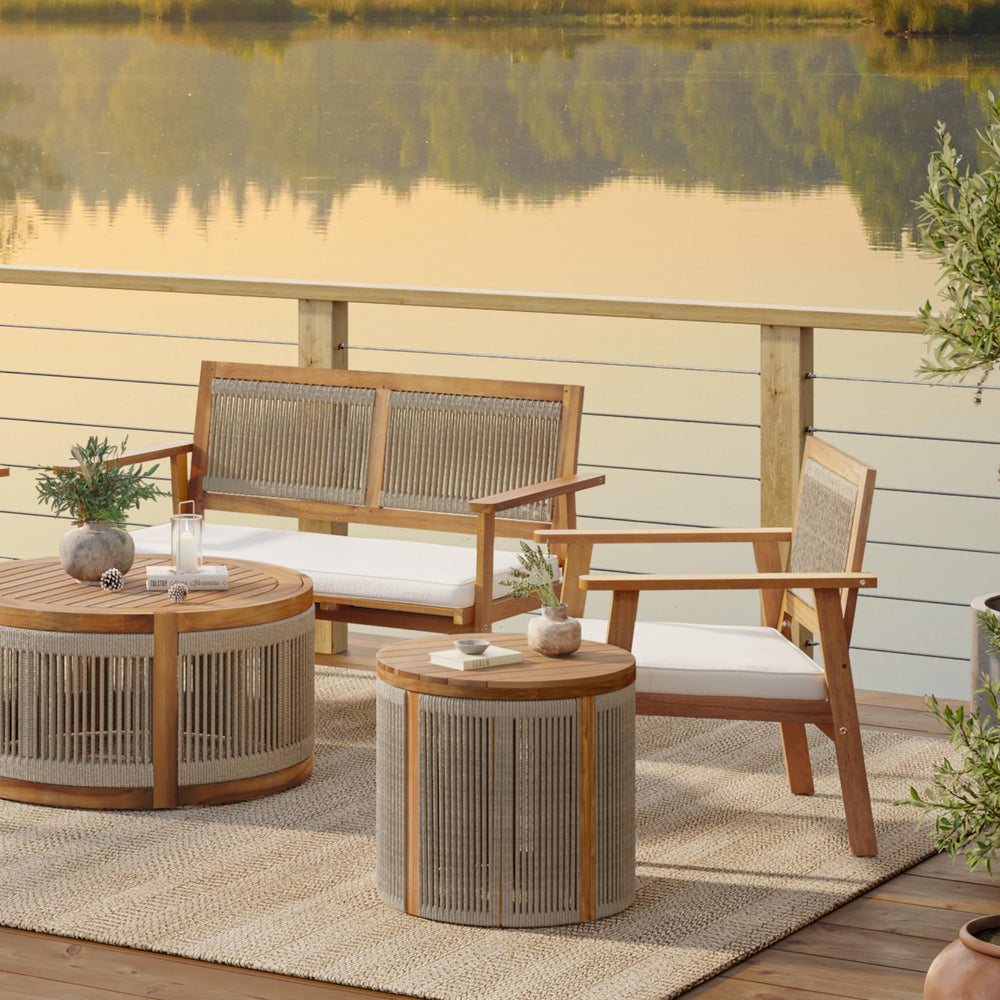 Acacia Wood Outdoor Side Table with Rope Weave