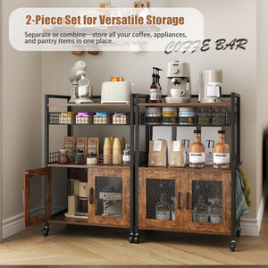 3-Tier Coffee Bar Cabinet with Wheels & Wire Basket Drawer