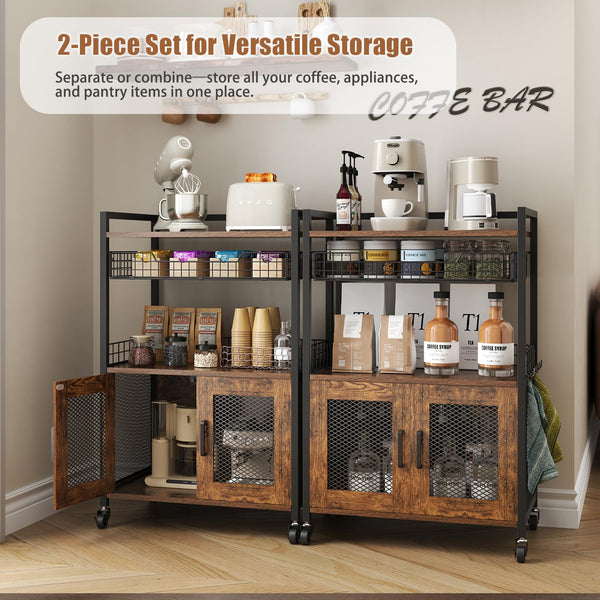 3-Tier Coffee Bar Cabinet with Wheels & Wire Basket Drawer