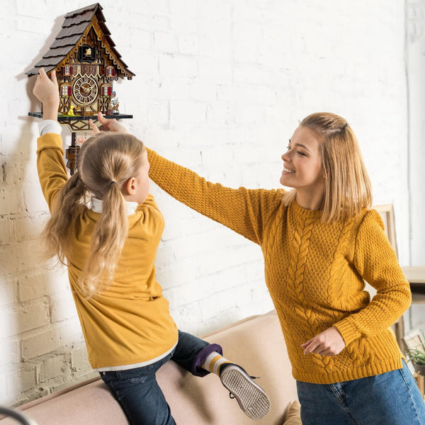 Cuckoo Clock for Wall – 12 Melodies, Night Mode, Handcrafted Wooden House