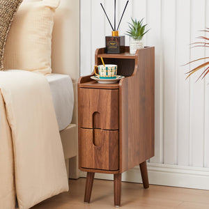 Mid-Century Modern Narrow Nightstand with 2 Drawers