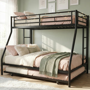 Twin Over Full Bunk Bed with Trundle – Metal Frame, Guardrails & Ladder