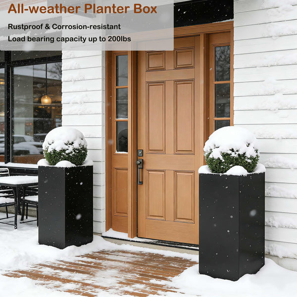 Tall Metal Outdoor Planter with Removable Shelf — 14"L x 14"W x 30"H, Black (Set of 2)