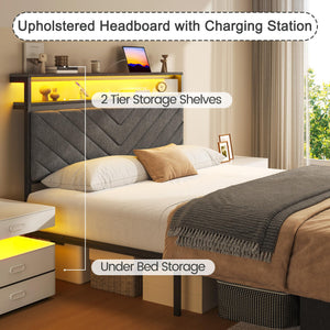Upholstered Bed Frame with Storage Drawers, LED Lights & Charging Station
