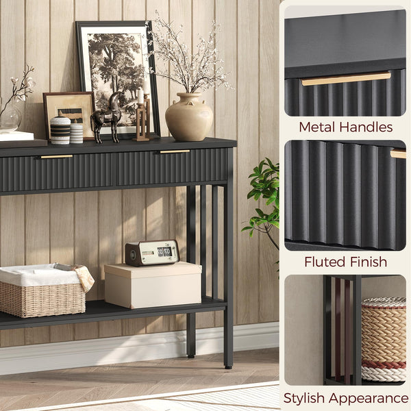 Narrow Fluted Console Table with 2 Drawers & Storage Shelf – Black Entryway Table