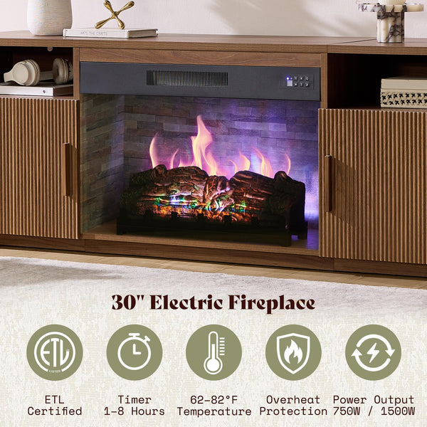 AMERLIFE 70" Fluted Fireplace TV Stand for TVs Up to 80", Modern TV Console with 30" Electric Fireplace & Storage Cabinets, Media Entertainment Center for Living Room, Brown