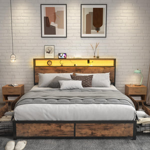 Metal Platform Bed Frame with Storage Headboard, Drawers & LED