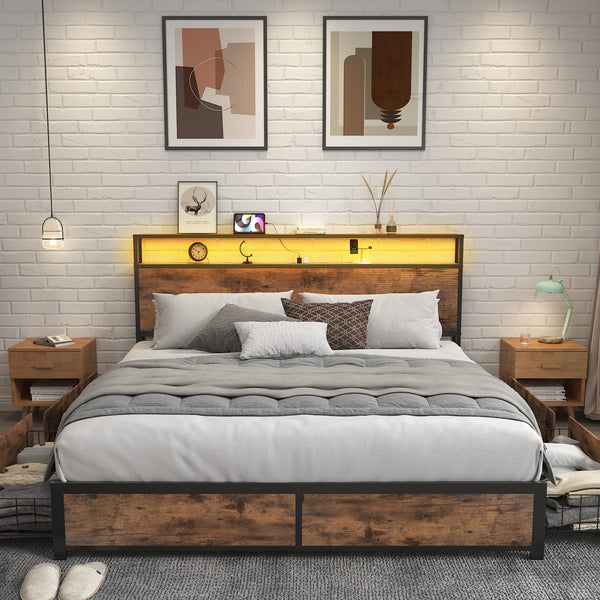 Metal Platform Bed Frame with Storage Headboard, Drawers & LED