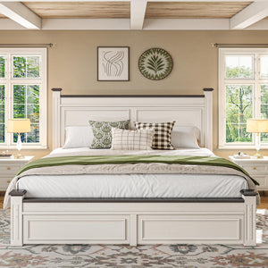 Farmhouse King Bed Frame with Storage Drawers & Headboard, White
