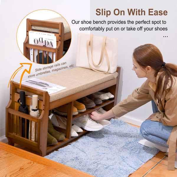 Bamboo Entryway Shoe Storage Bench with Cushion