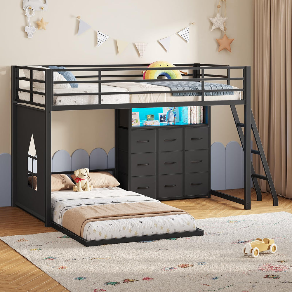 Twin Over Twin L-Shaped Low Bunk Bed with Storage & LED Lights