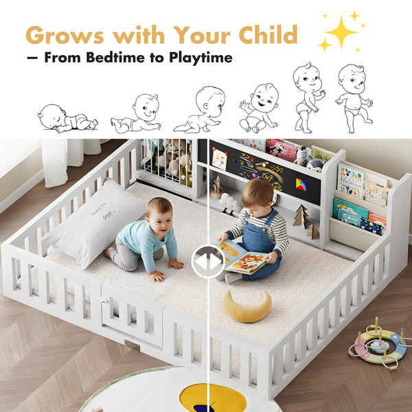 Montessori Floor Bed with Door, Guard Rails, Chalkboard & Bookshelf – Kids Bed Frame