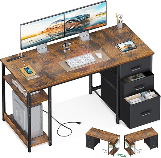 51-Inch Computer Desk with Drawers & Power Outlets