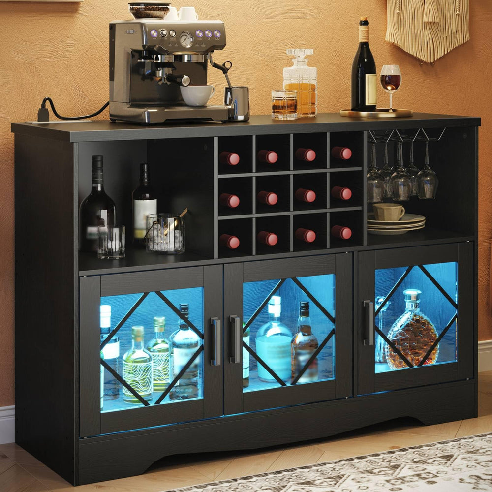 Bar Cabinet with LED Lighting, Wine Rack & Power Outlet