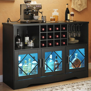 Bar Cabinet with LED Lighting, Wine Rack & Power Outlet