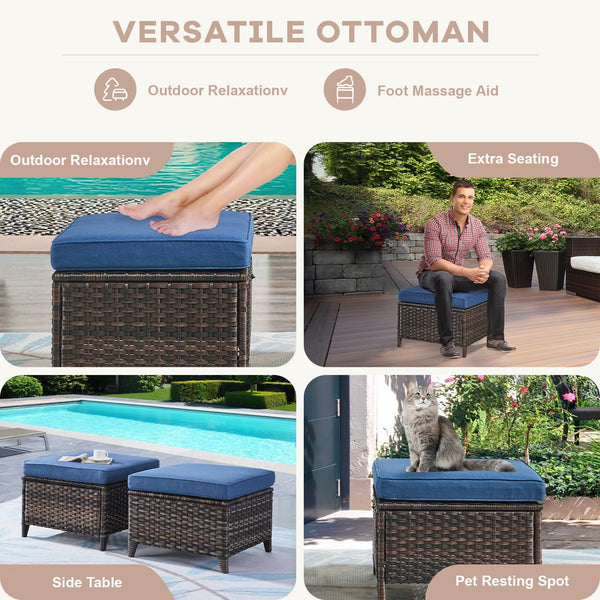 Outdoor Wicker Ottoman Set of 2 with Cushions