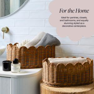 BEBE BASK Premium Scalloped Basket Set Of 2 - Scallop Basket - 16 x 10 x 7 Inch - Hand-Woven Elegant Wicker With Scalloped Edge - Nursery Storage (Mocca)