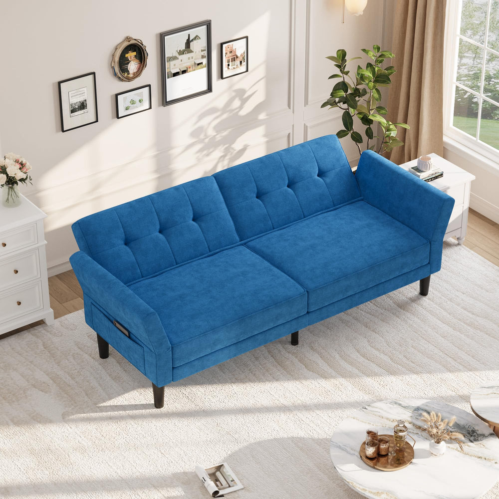 Convertible Futon Sofa Bed with Adjustable Backrest & Armrest – Royal Blue