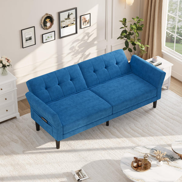Convertible Futon Sofa Bed with Adjustable Backrest & Armrest – Royal Blue
