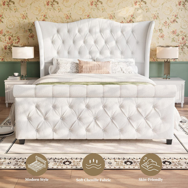 Upholstered Sleigh Bed Frame with Wingback Headboard