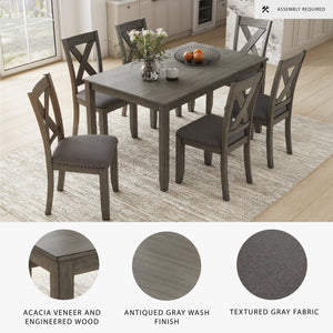 7-Piece Rustic Dining Set – Rectangular Table & 6 X-Back Upholstered Chairs