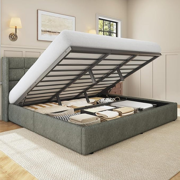 Lift Up Storage Bed Frame with Wingback Headboard