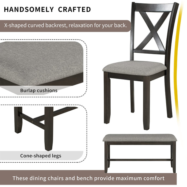 6-Piece Farmhouse Dining Table Set with Bench and Cushioned Chairs