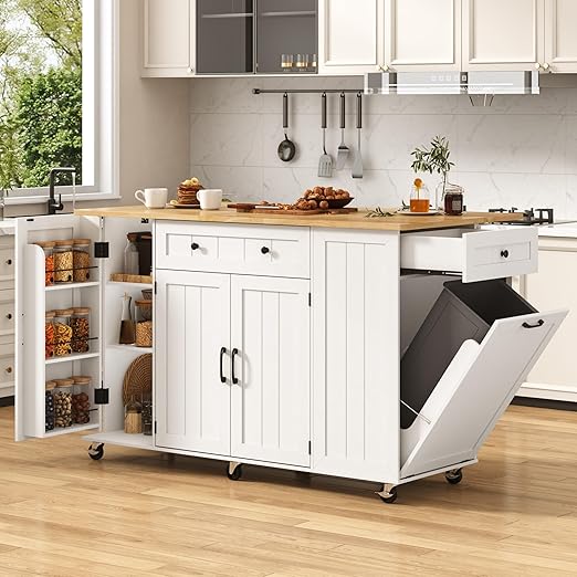 59" Rolling Kitchen Island Table on Wheels with Drop Leaf & Power Outlet