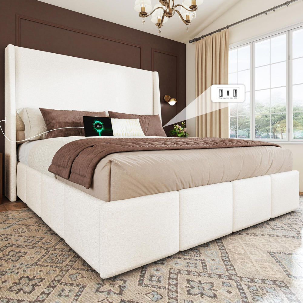 Queen Wingback Upholstered Platform Bed Frame