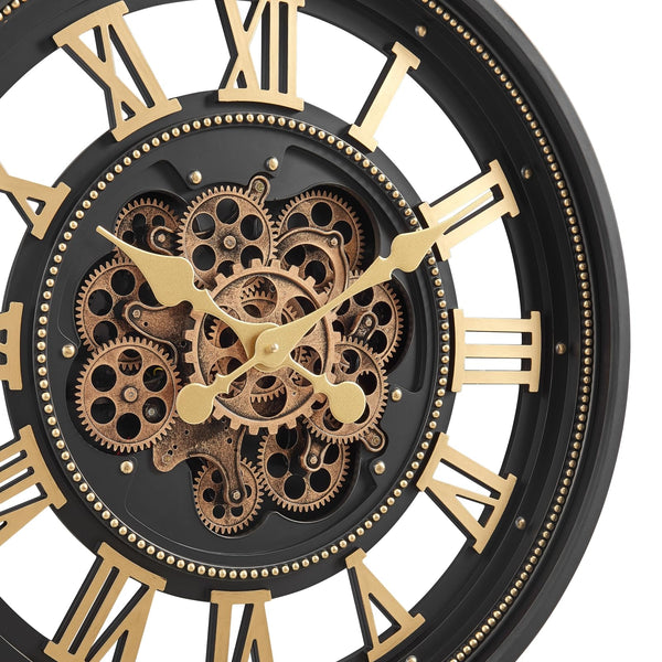 Large Moving Gear Wall Clock – Modern Black & Gold / Antique Champagne