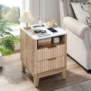 Farmhouse Nightstand with Charging Station, 2 Drawers & Open Shelf