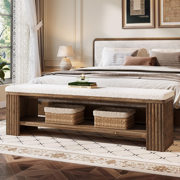 63" Solid Wood Entryway Bench with Removable Cushion & Fluted Legs