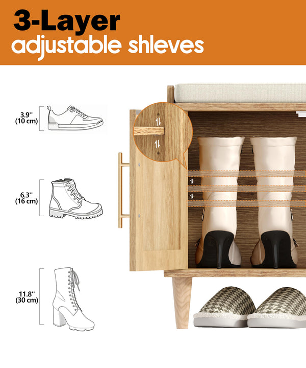 Rattan Shoe Storage Bench with Cushion