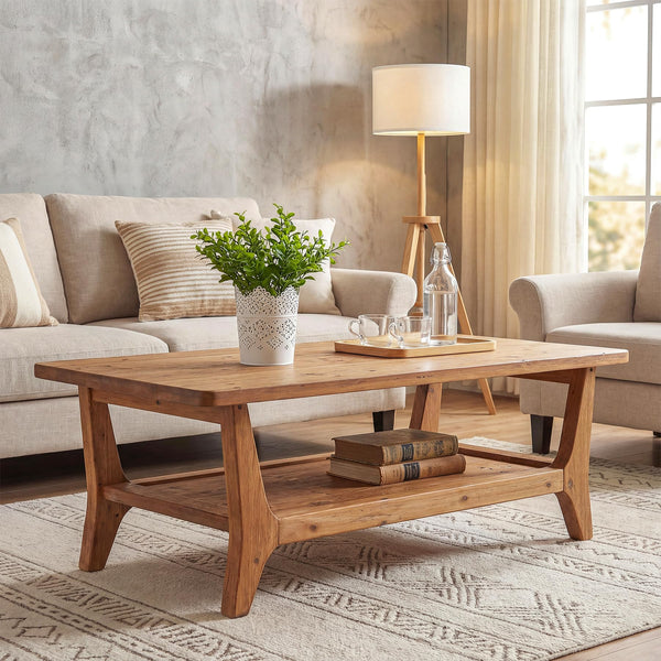 Solid Wood Coffee Table with 2-Tier Shelf & Rounded Corners